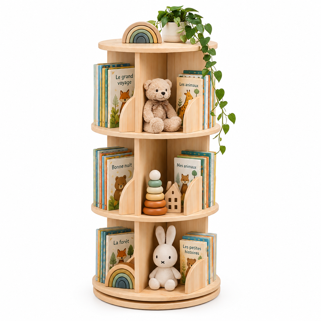 Bibliothèque enfant rotative en bois avec livres et accessoires sur fond blanc.