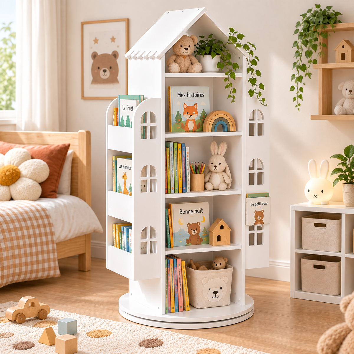 Bibliothèque maison rotative blanche avec livres et accessoires dans une chambre d’enfant