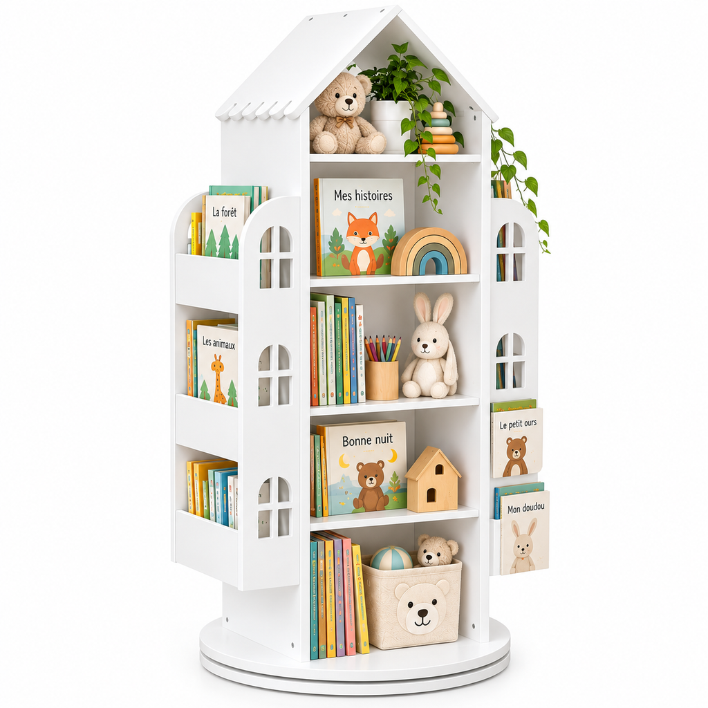 Bibliothèque maison rotative blanche avec livres, peluches et accessoires pour enfant sur fond blanc