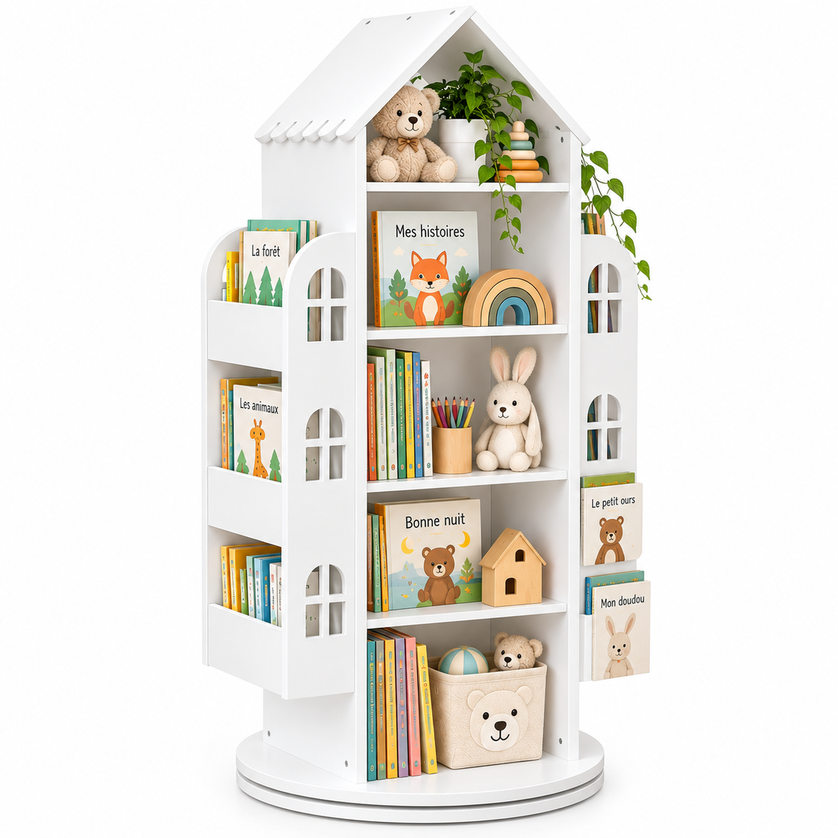 Bibliothèque maison rotative blanche avec livres, peluches et accessoires pour enfant sur fond blanc