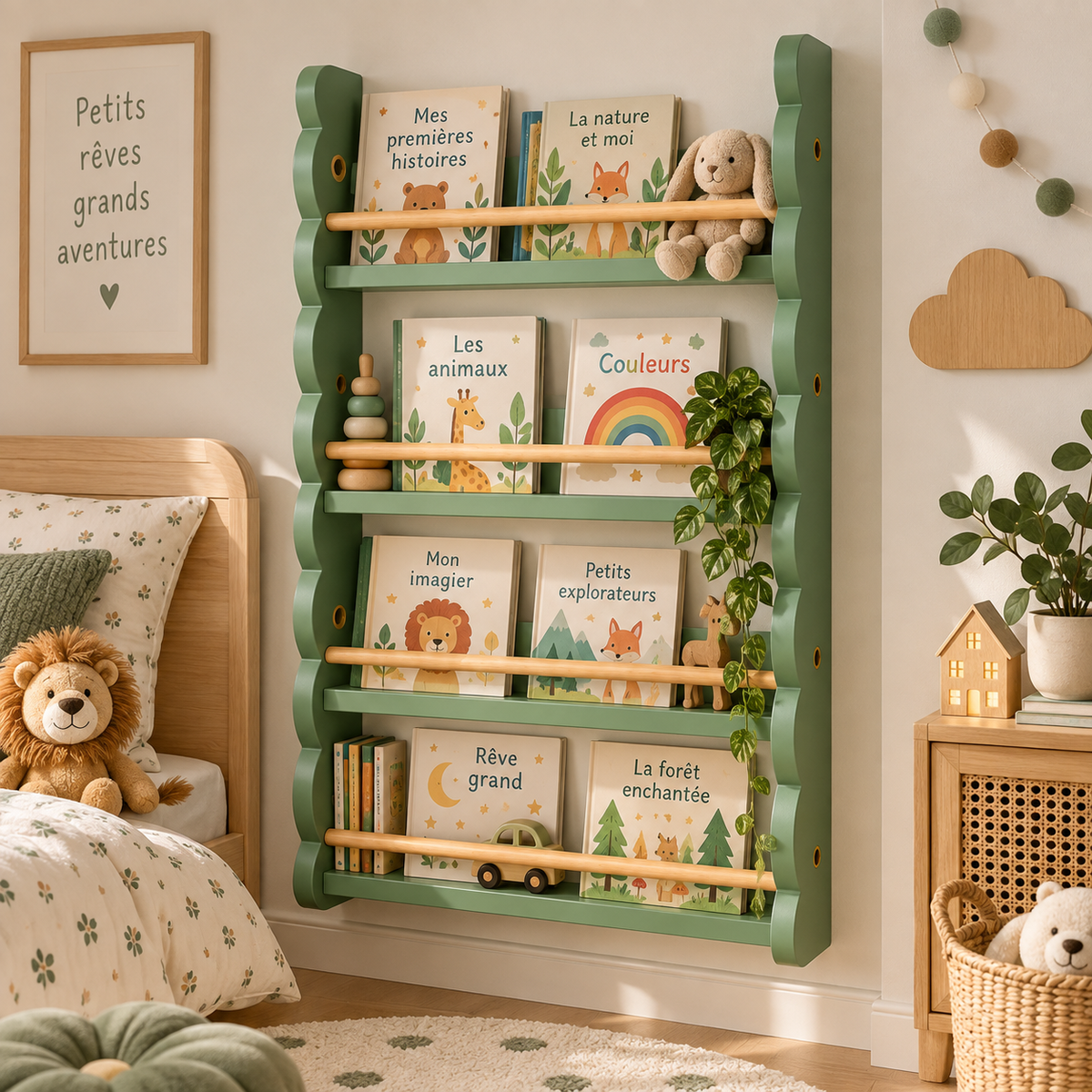 Bibliothèque murale enfant verte et bois naturel format grande 98 cm avec livres dans une chambre d'enfant