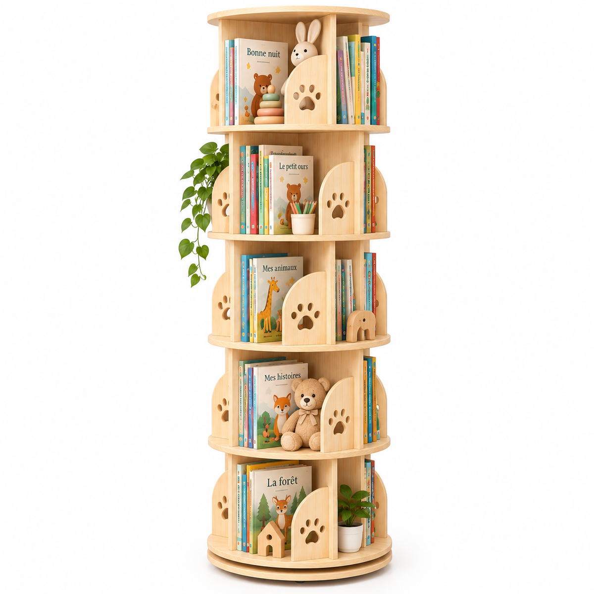 Bibliothèque rotative enfant en bois à cinq niveaux avec livres, peluches et accessoires sur fond blanc