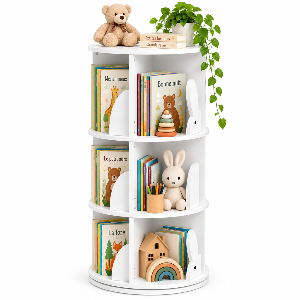 Bibliothèque rotative blanche avec séparateurs lapin, livres et accessoires pour enfant sur fond blanc
