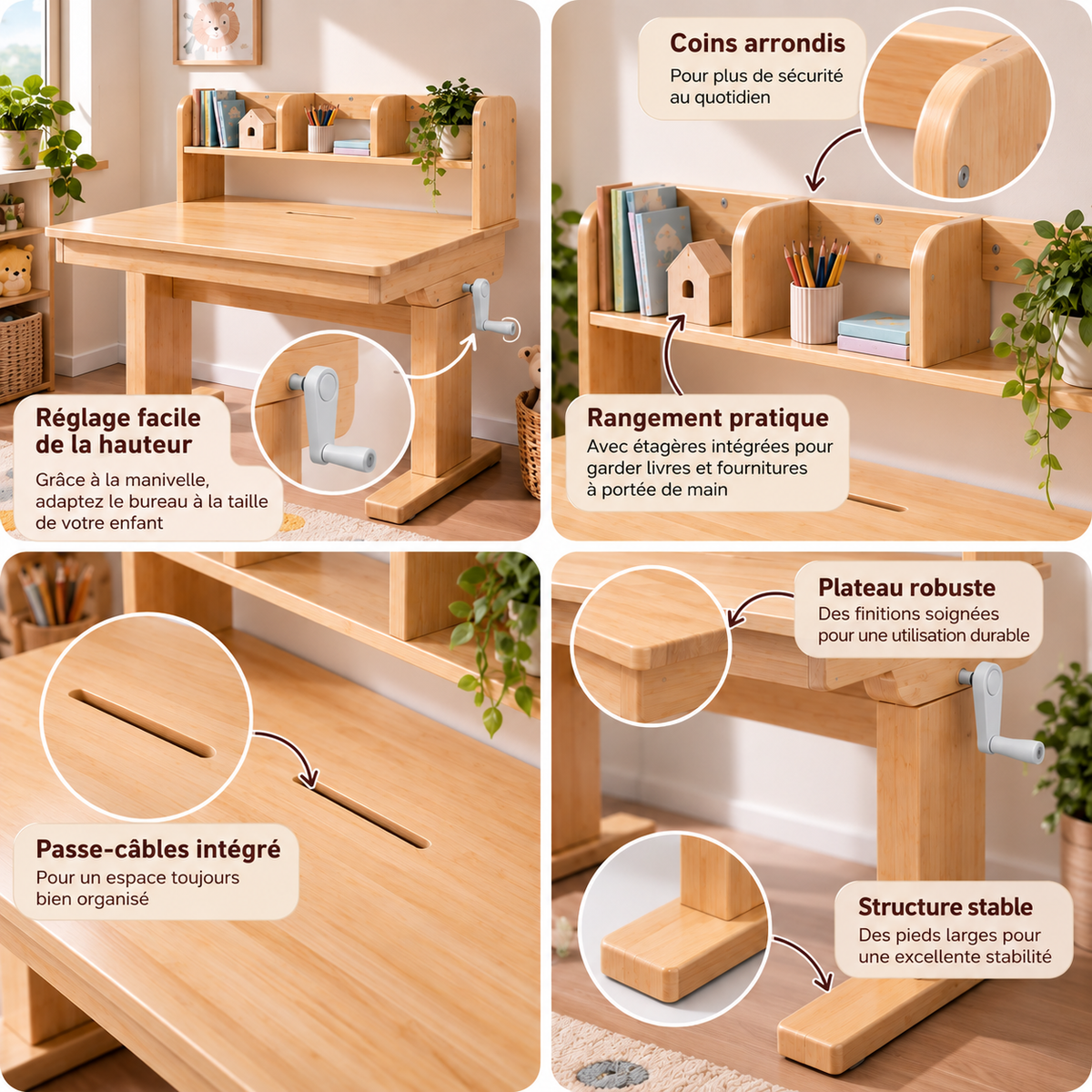 Caractéristiques du bureau évolutif enfant en bois avec hauteur réglable par manivelle, rangements intégrés, coins arrondis et structure stable