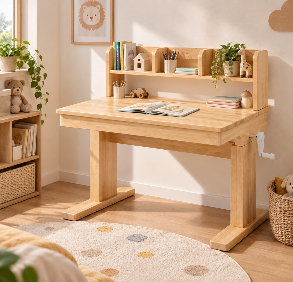 Bureau évolutif enfant en bois naturel avec rangements intégrés installé dans une chambre d’enfant