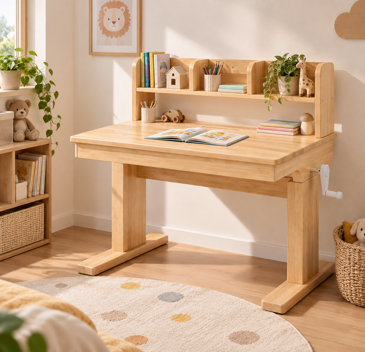 Bureau évolutif enfant en bois naturel avec rangements intégrés installé dans une chambre d’enfant
