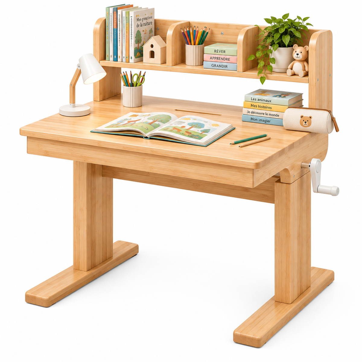 Bureau évolutif enfant en bois naturel avec livres et accessoires éducatifs sur fond blanc