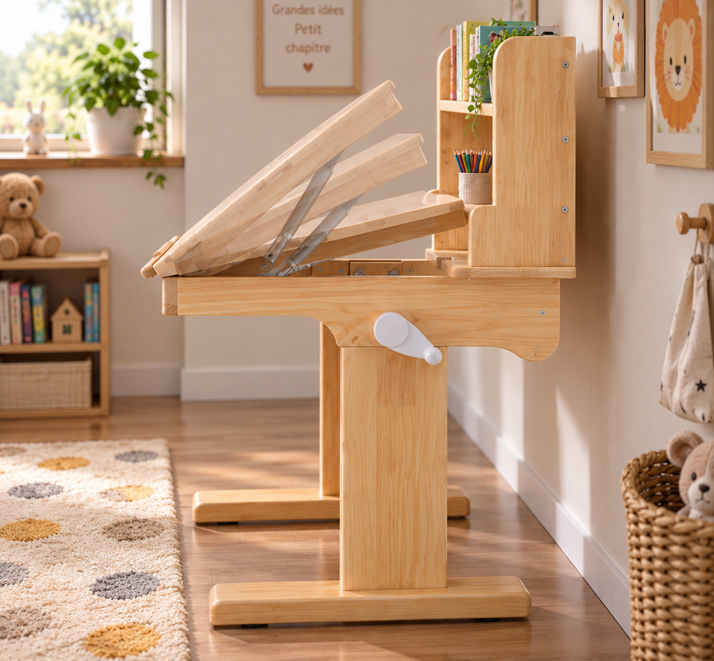 Bureau évolutif enfant en bois avec plateau inclinable réglable et hauteur ajustable par manivelle
