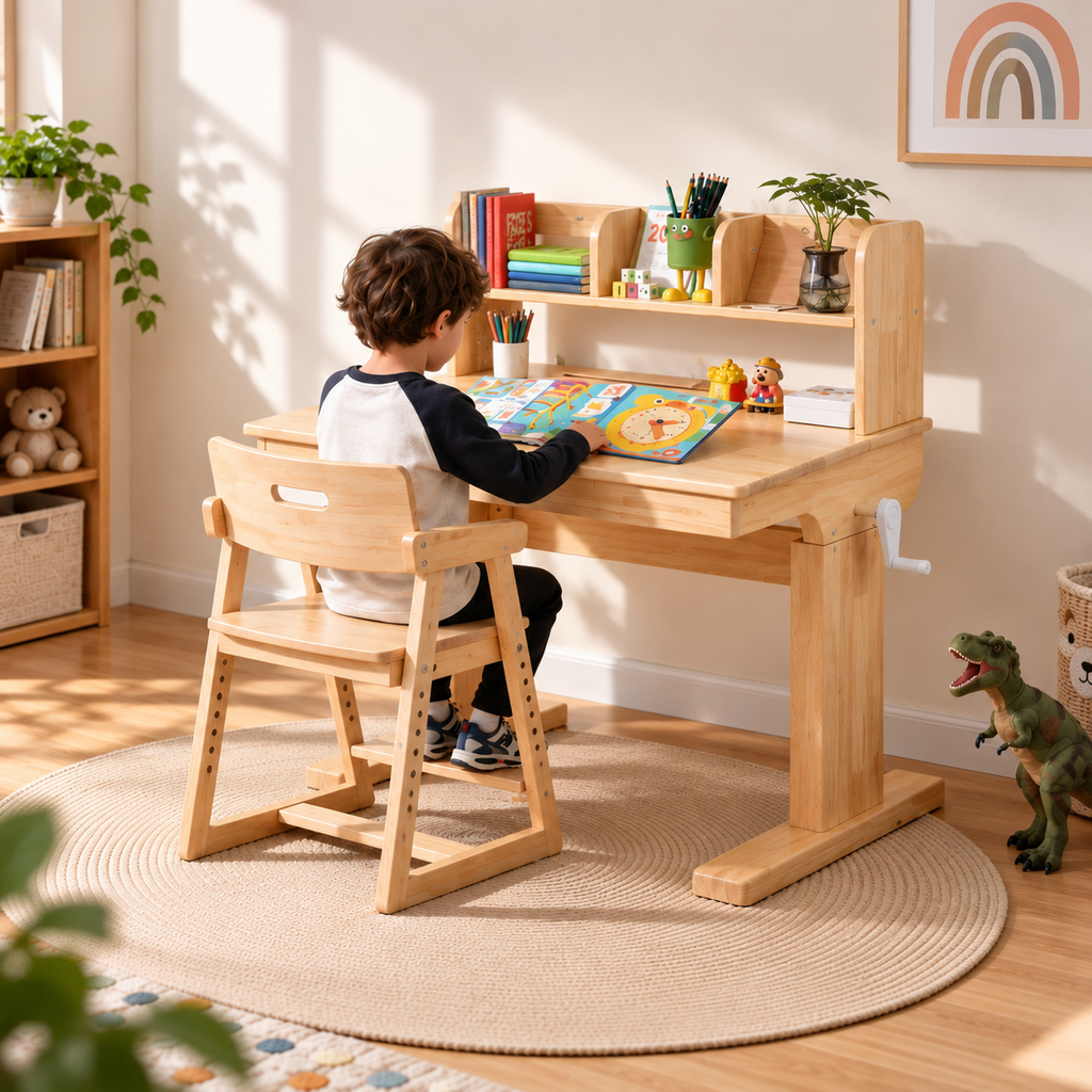 Enfant utilisant un bureau évolutif en bois naturel réglable avec rangements intégrés dans sa chambre