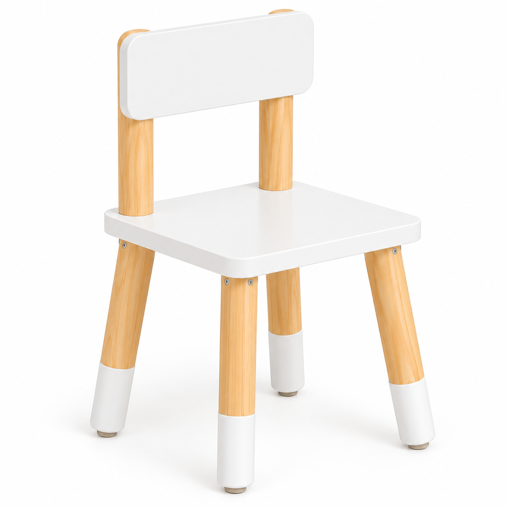 Le Petit Chapitre chaise enfant blanche avec pieds en bois naturel sur fond blanc