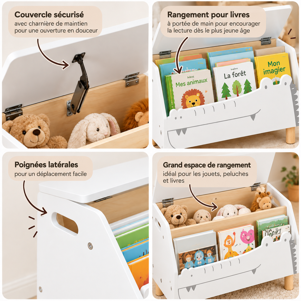Caractéristiques du coffre bibliothèque enfant avec couvercle sécurisé, rangement pour livres, poignées latérales et grand coffre à jouets