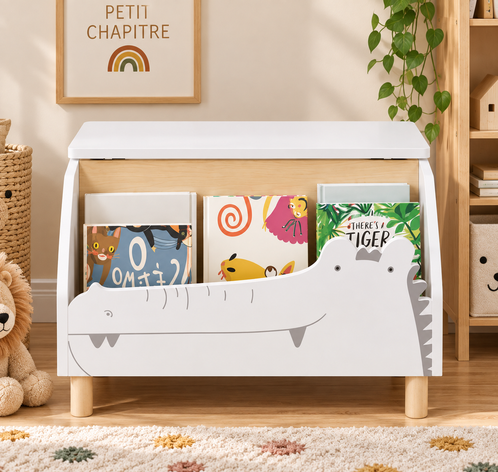 Coffre bibliothèque enfant blanc et bois avec livres dans une chambre d’enfant