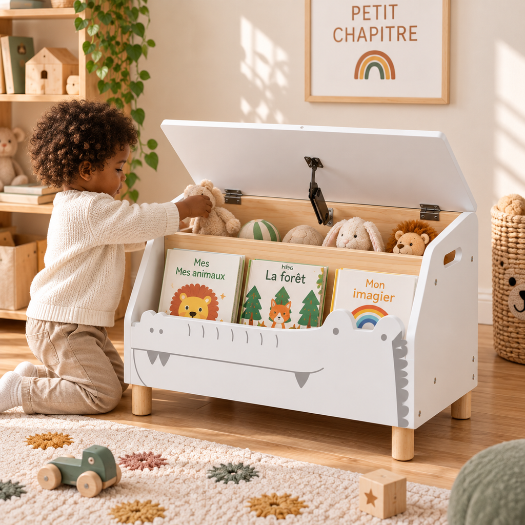 Enfant utilisant le coffre bibliothèque pour ranger une peluche avec des livres accessibles à l’avant