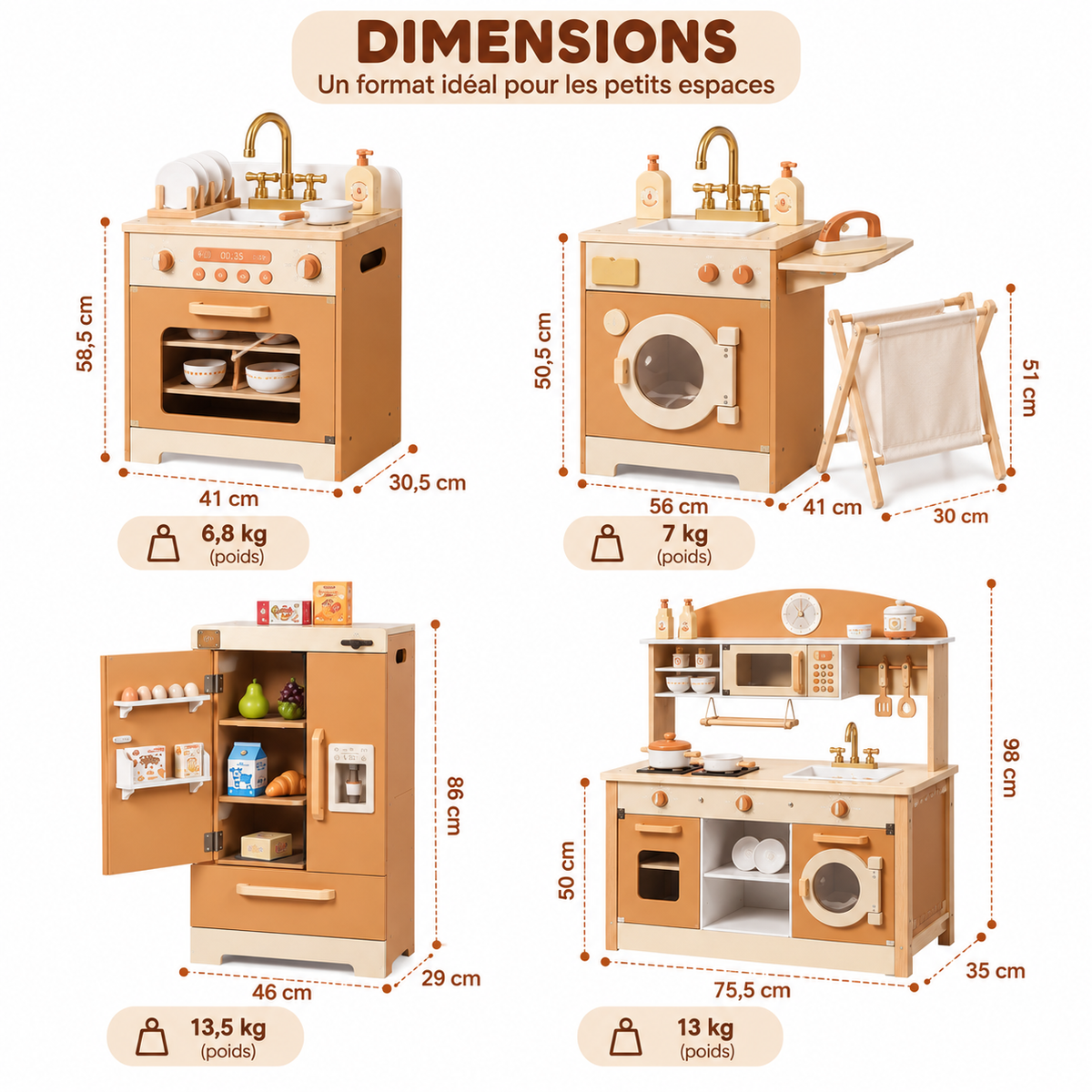Dimensions de la collection cuisine enfant en bois caramel avec cuisine, réfrigérateur, machine à laver et lave-vaisselle.
