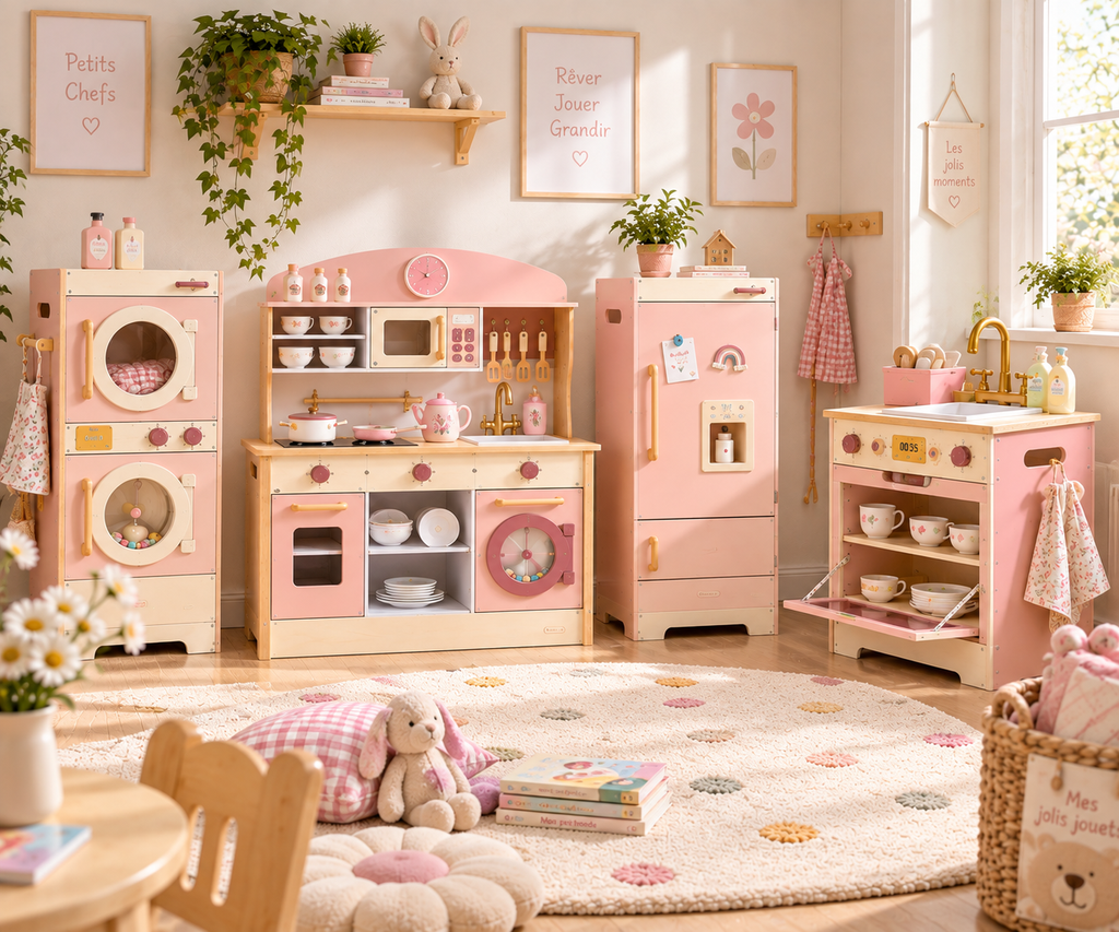 Collection de cuisine enfant en bois rose avec cuisine, réfrigérateur, four et machine à laver dans une salle de jeux.