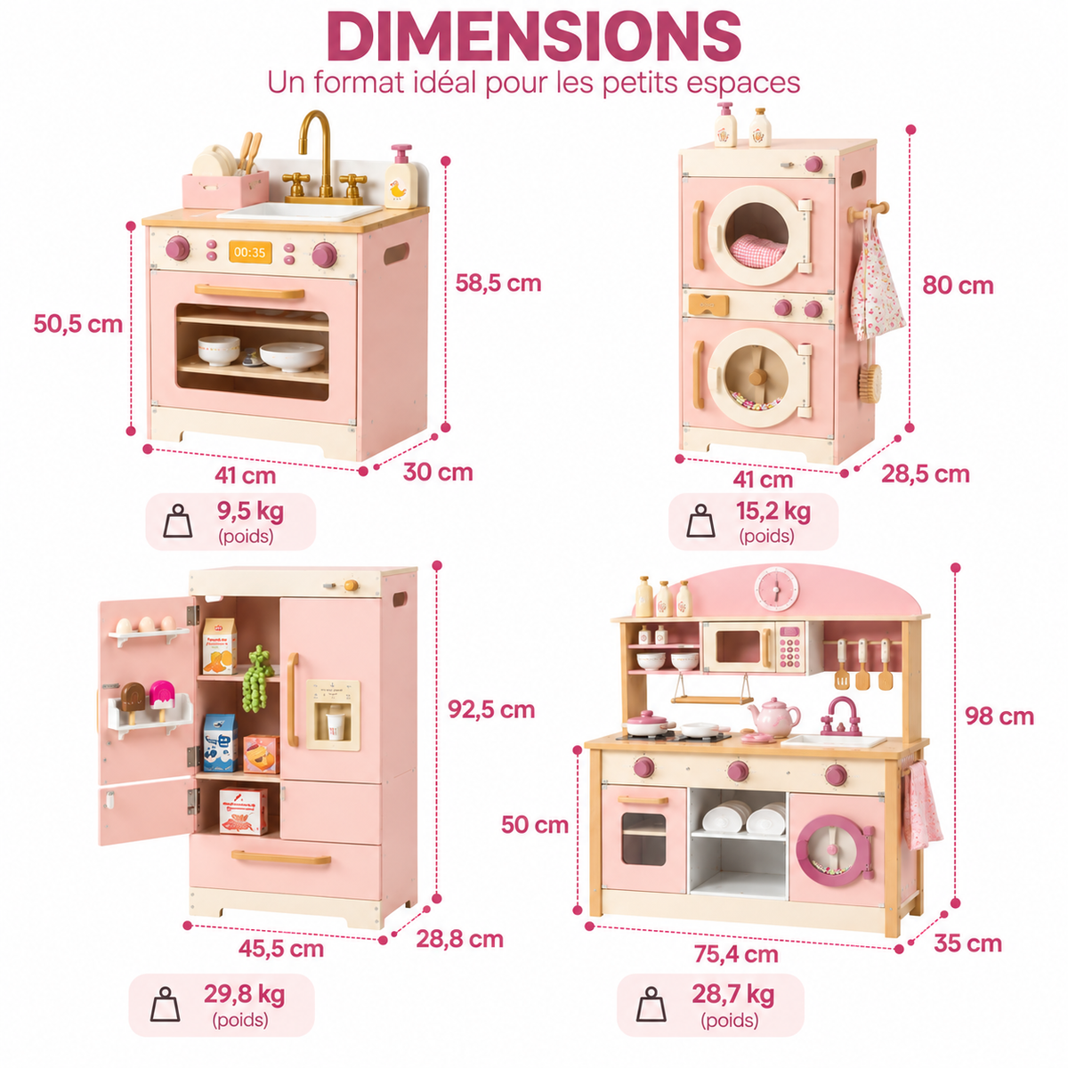 Dimensions de la collection cuisine enfant en bois rose avec cuisine, four, réfrigérateur et machine à laver.