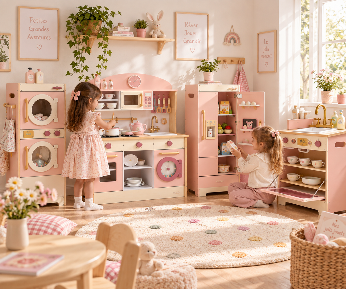 Deux filles jouant avec la collection de cuisine enfant en bois rose dans une salle de jeux.