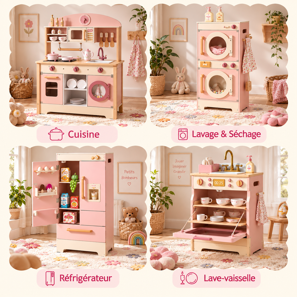 Collection cuisine enfant en bois rose avec cuisine, lavage et séchage, réfrigérateur et lave-vaisselle.