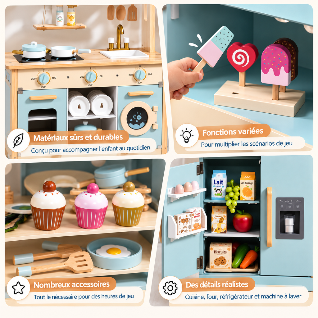 Cuisine enfant en bois 4-en-1 avec matériaux durables, accessoires de jeu, aliments factices et détails réalistes.