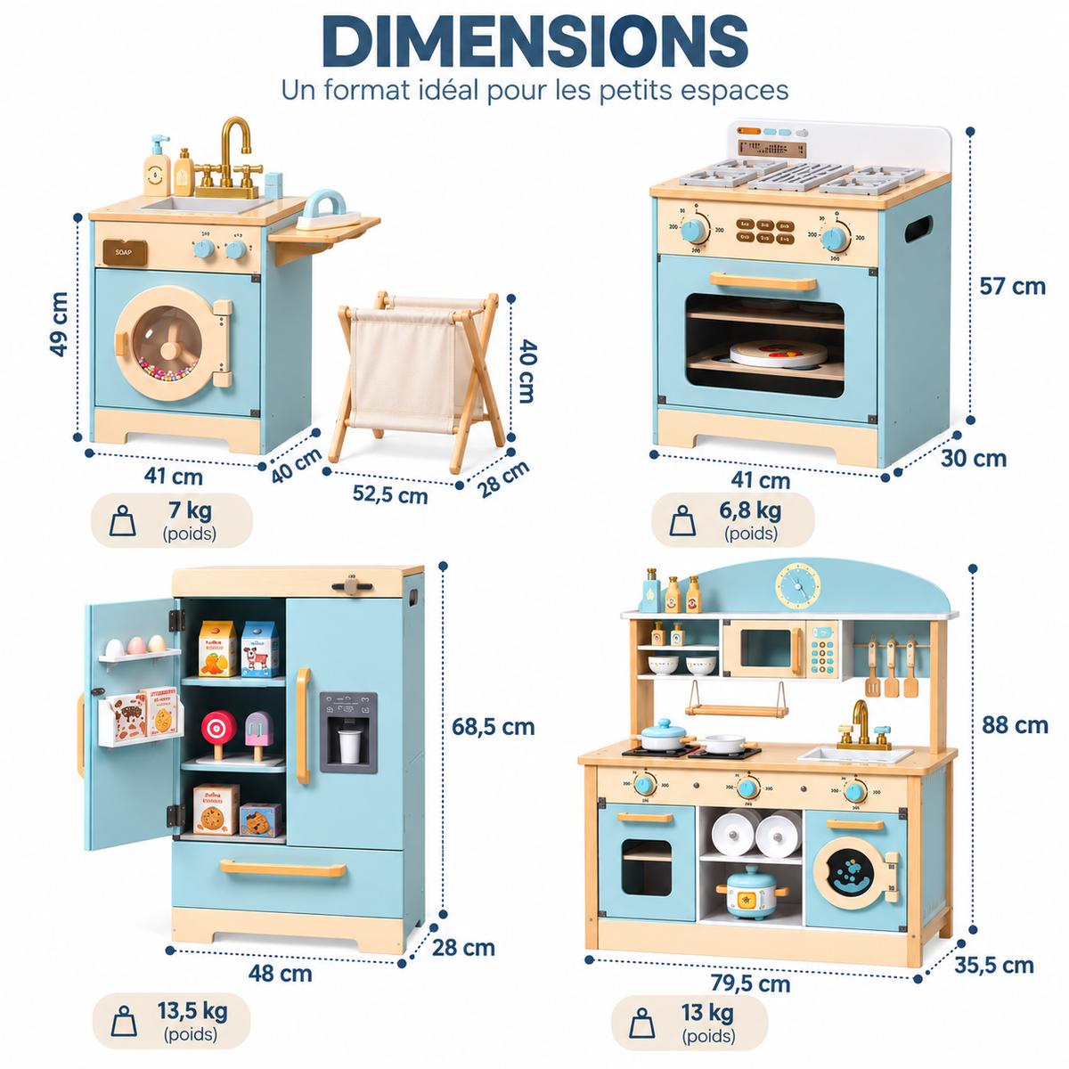 Dimensions des quatre éléments de la cuisine enfant en bois 4-en-1 avec four, réfrigérateur, machine à laver et cuisine