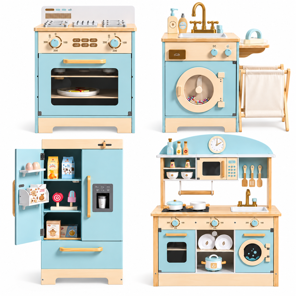 Cuisine enfant en bois 4-en-1 avec four, réfrigérateur, machine à laver et espace cuisine sur fond blanc