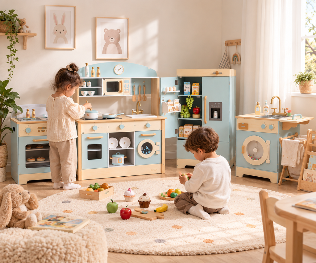 Enfants jouant avec une cuisine en bois 4-en-1 comprenant cuisine, four, réfrigérateur et machine à laver dans une salle de jeux.