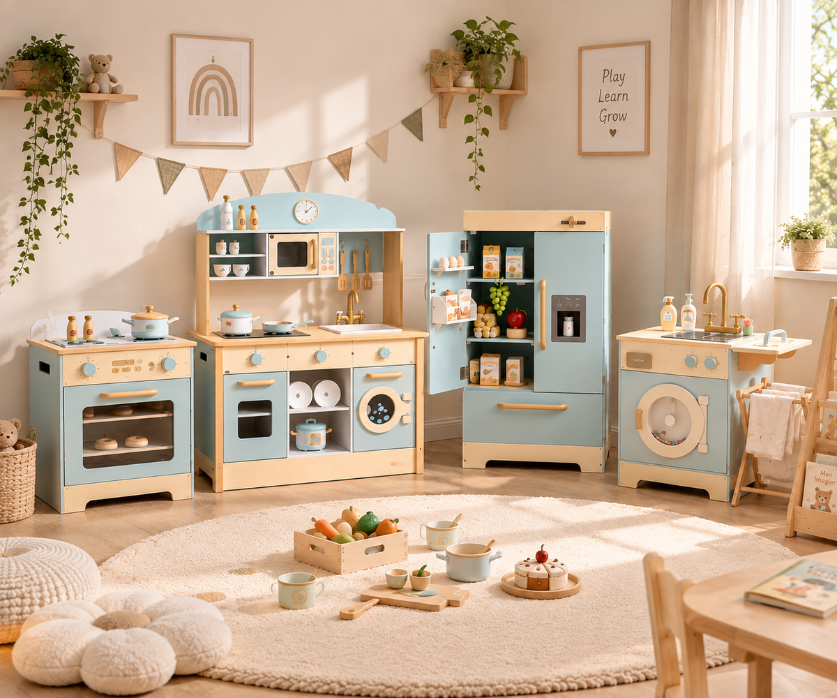 Cuisine enfant en bois 4-en-1 avec four, réfrigérateur et machine à laver installée dans une salle de jeux chaleureuse.