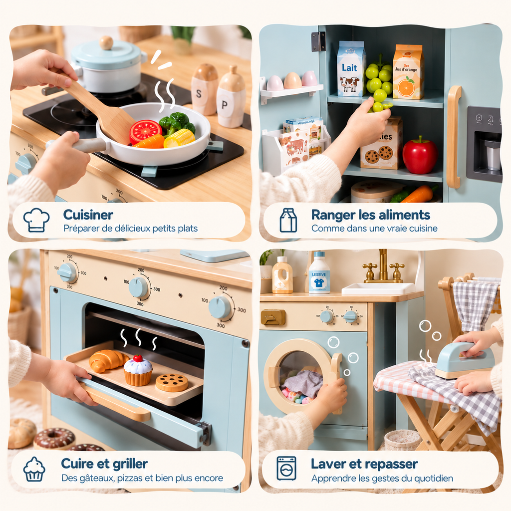 Cuisine enfant en bois 4-en-1 présentant les activités de cuisine, rangement des aliments, cuisson, lavage et repassage.