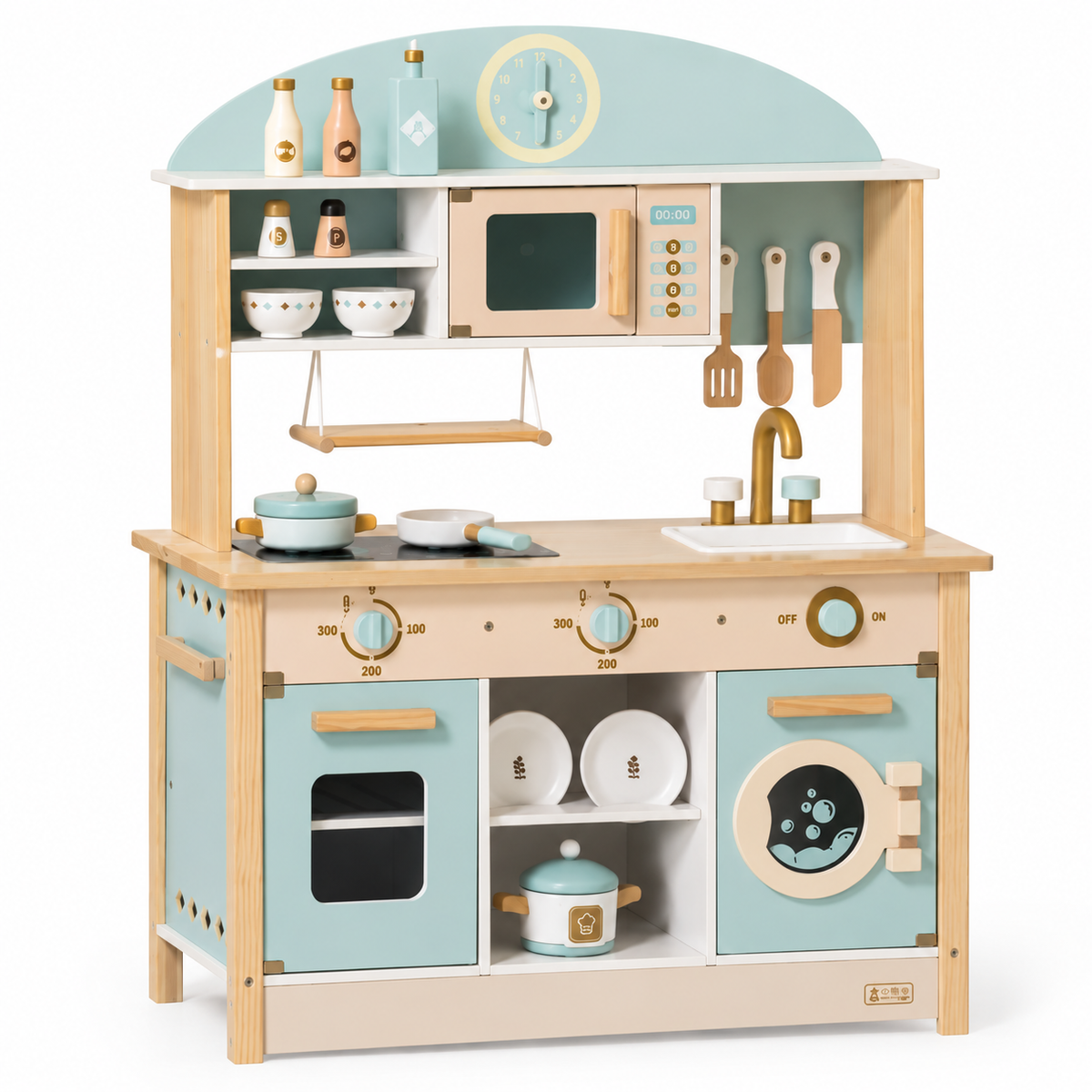 Cuisine enfant en bois bleu avec accessoires de cuisine sur fond blanc