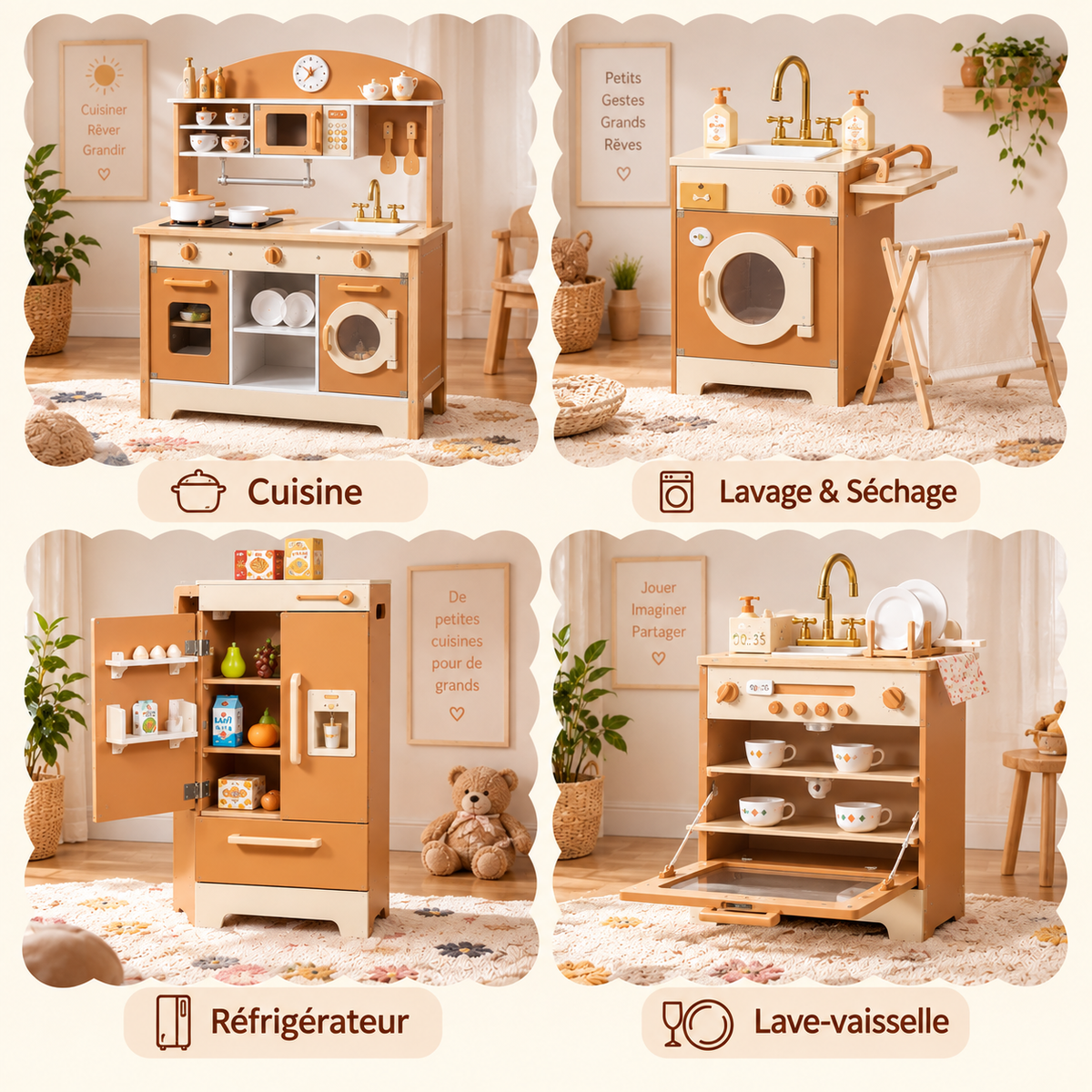 Ensemble 4 en 1 de cuisine enfant en bois caramel avec cuisine, lavage et séchage, réfrigérateur et lave-vaisselle en situation.