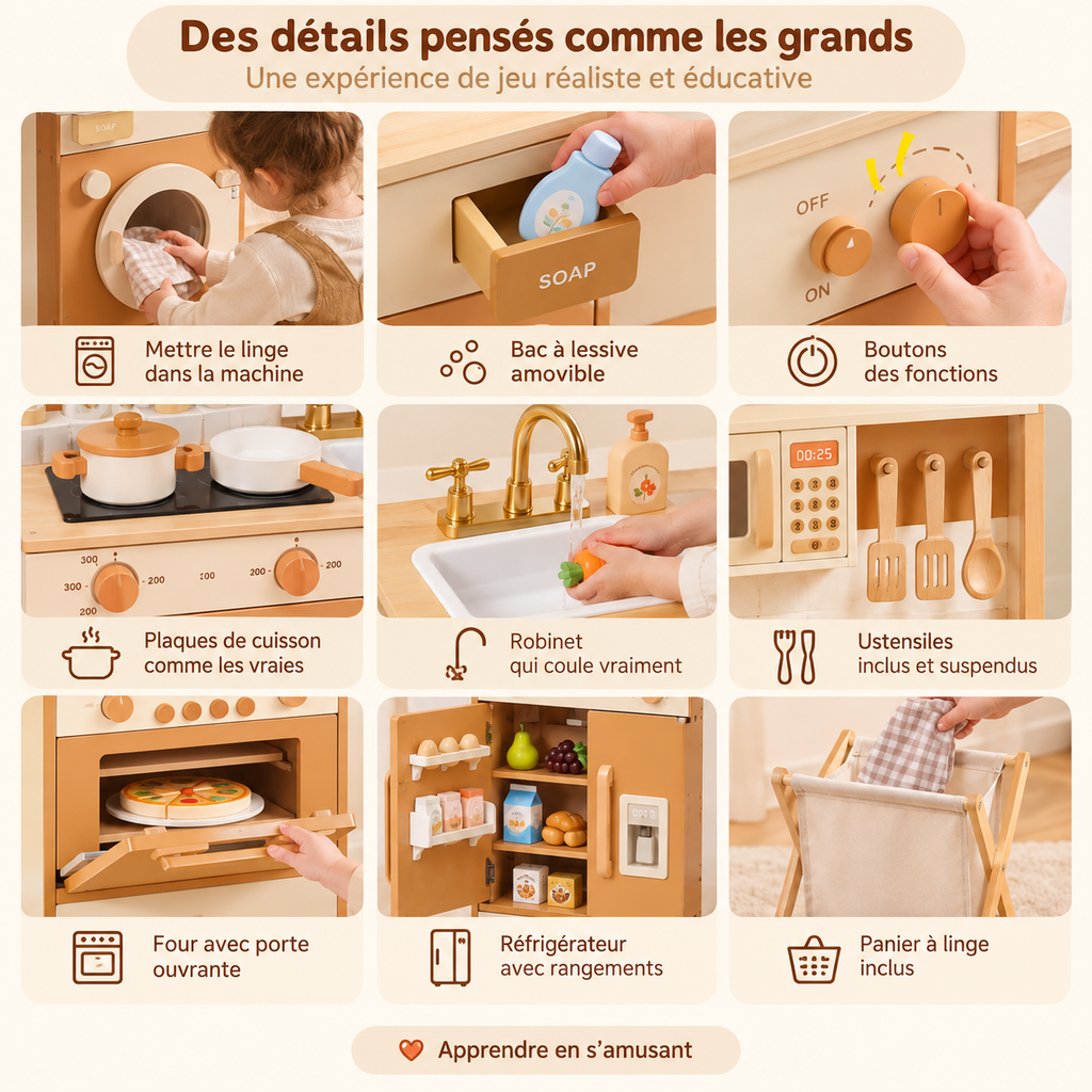 Détails et fonctionnalités de la cuisine enfant en bois caramel avec machine à laver, plaques de cuisson, évier, four, réfrigérateur et accessoires.