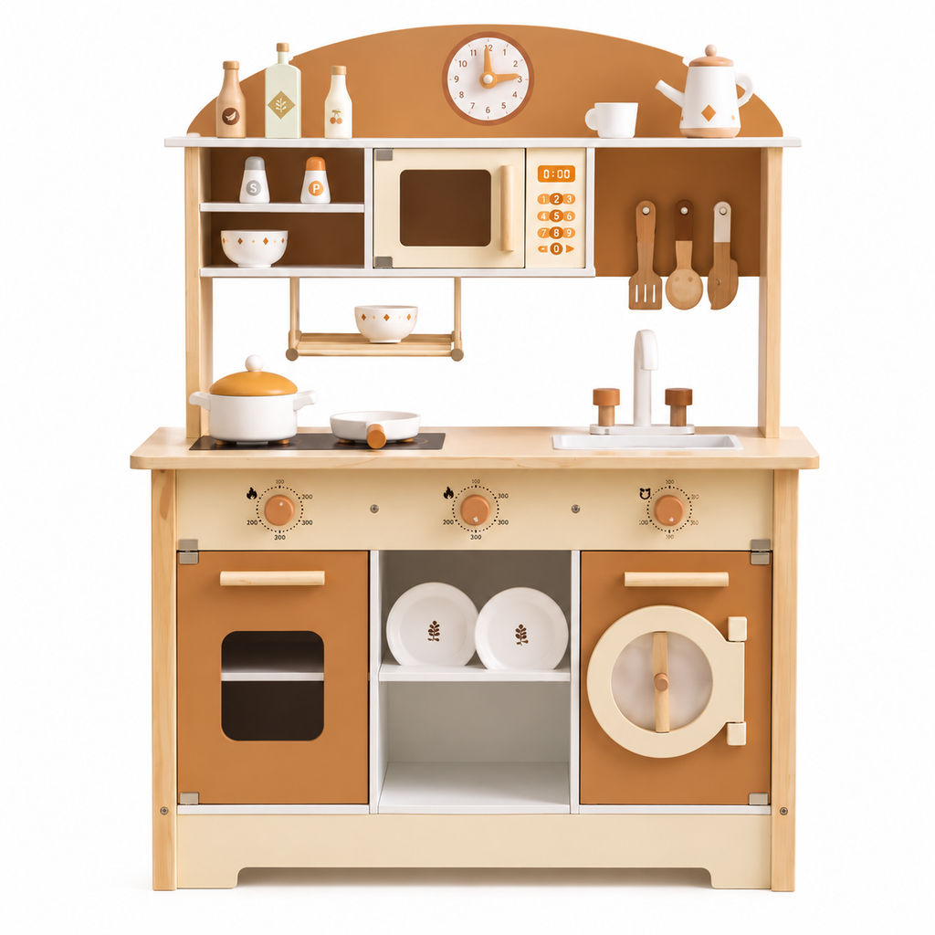 Cuisine enfant en bois caramel avec évier, four, plaques de cuisson et accessoires de cuisine sur fond blanc.