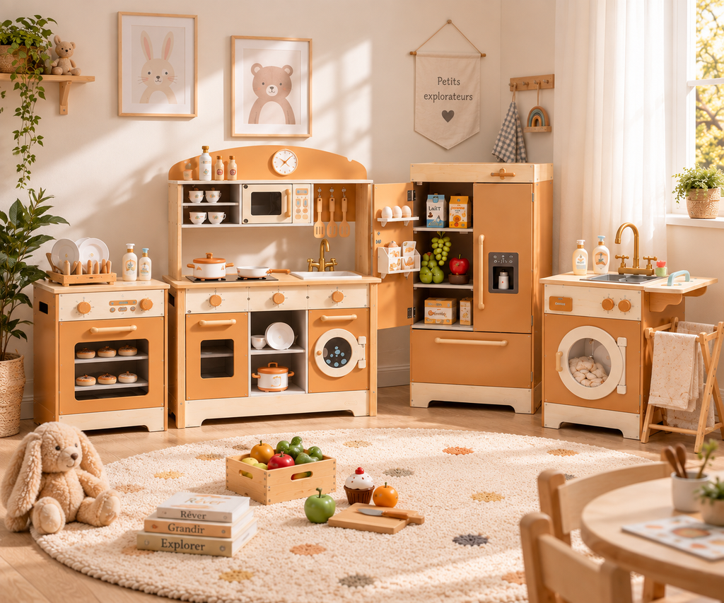 Ensemble de cuisine enfant en bois caramel avec four, réfrigérateur et machine à laver dans une salle de jeux, sans enfants.