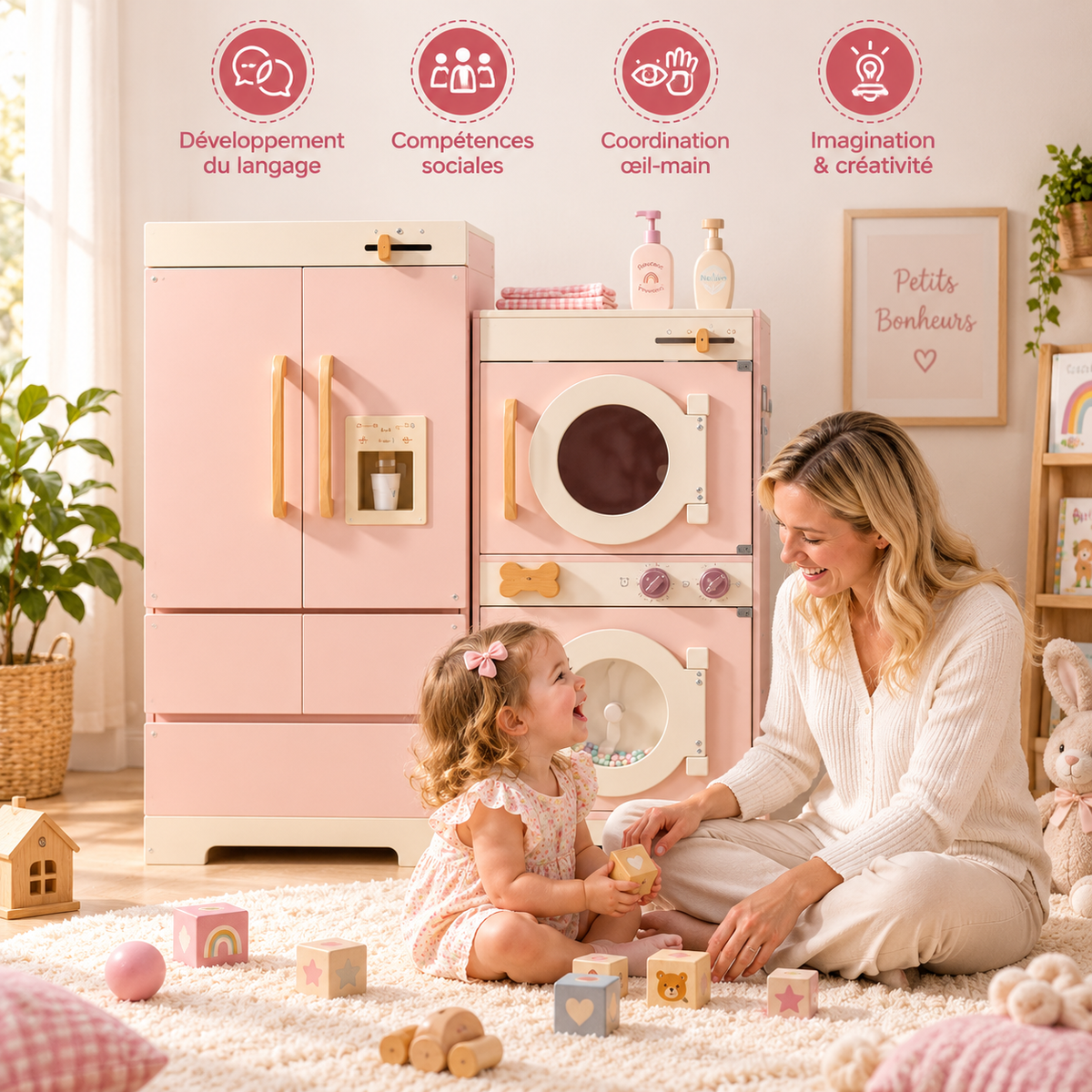 Mère et petite fille jouant près de la cuisine enfant en bois rose, favorisant langage, coordination, imagination et compétences sociales.