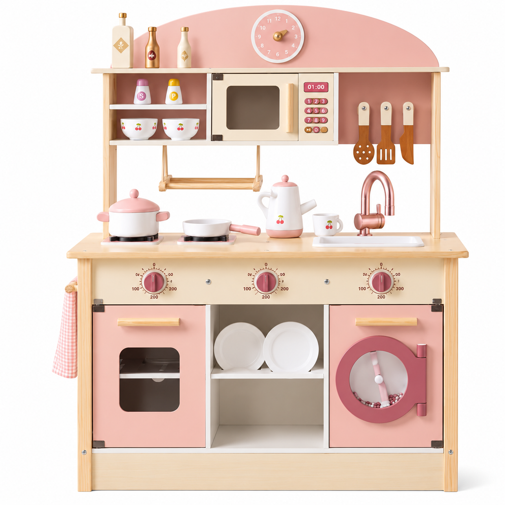 Cuisine enfant en bois rose avec accessoires de cuisine sur fond blanc