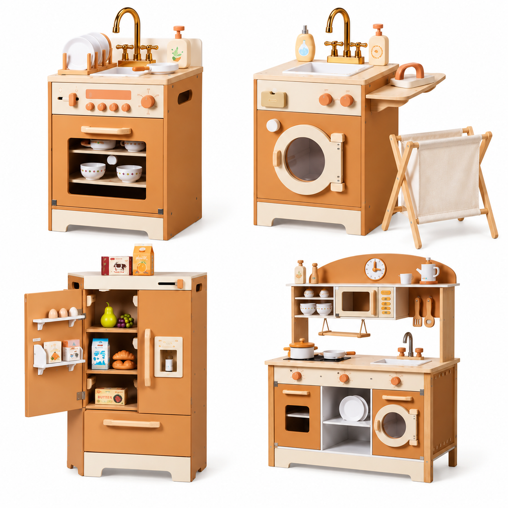 Ensemble cuisine enfant caramel 4 en 1 avec cuisine, réfrigérateur, machine à laver et lave-vaisselle.