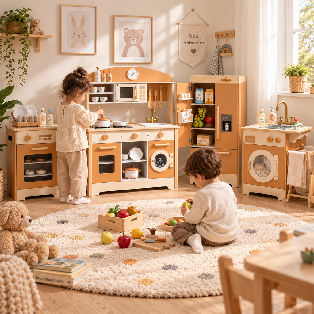 Enfants jouant avec un ensemble de cuisine en bois caramel avec réfrigérateur, four et machine à laver.
