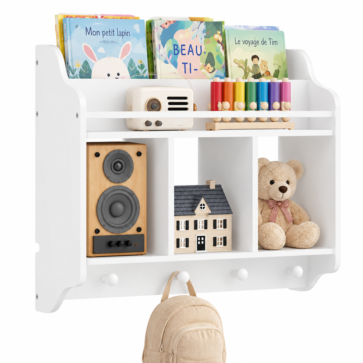 Étagère murale enfant blanche avec rangements pour livres, jouets et accessoires