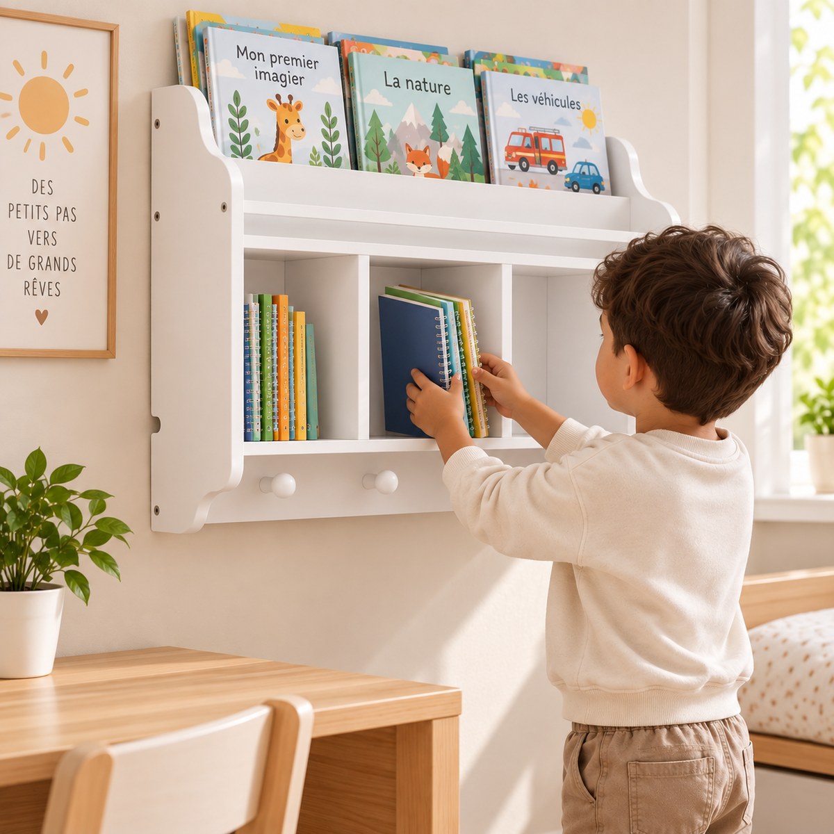Enfant rangeant ses cahiers dans une étagère murale blanche dans sa chambre