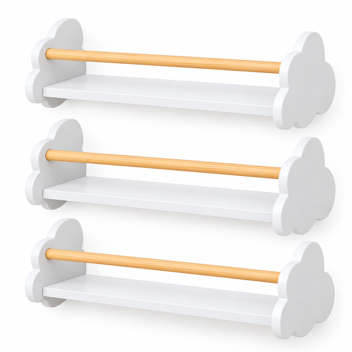 Lot de trois étagères murales nuage blanches pour enfant avec barre en bois naturel, taille moyenne 55 cm
