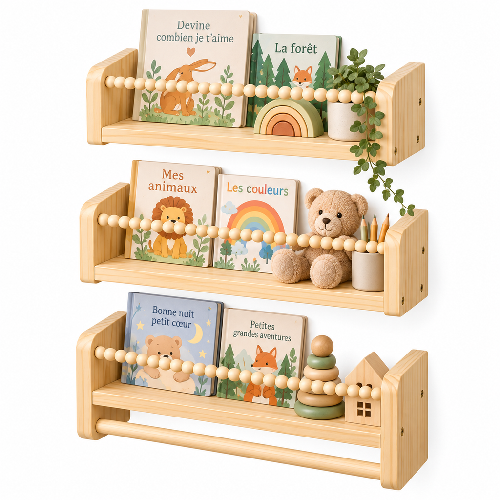 Étagères murales enfant en bois – Lot de 3