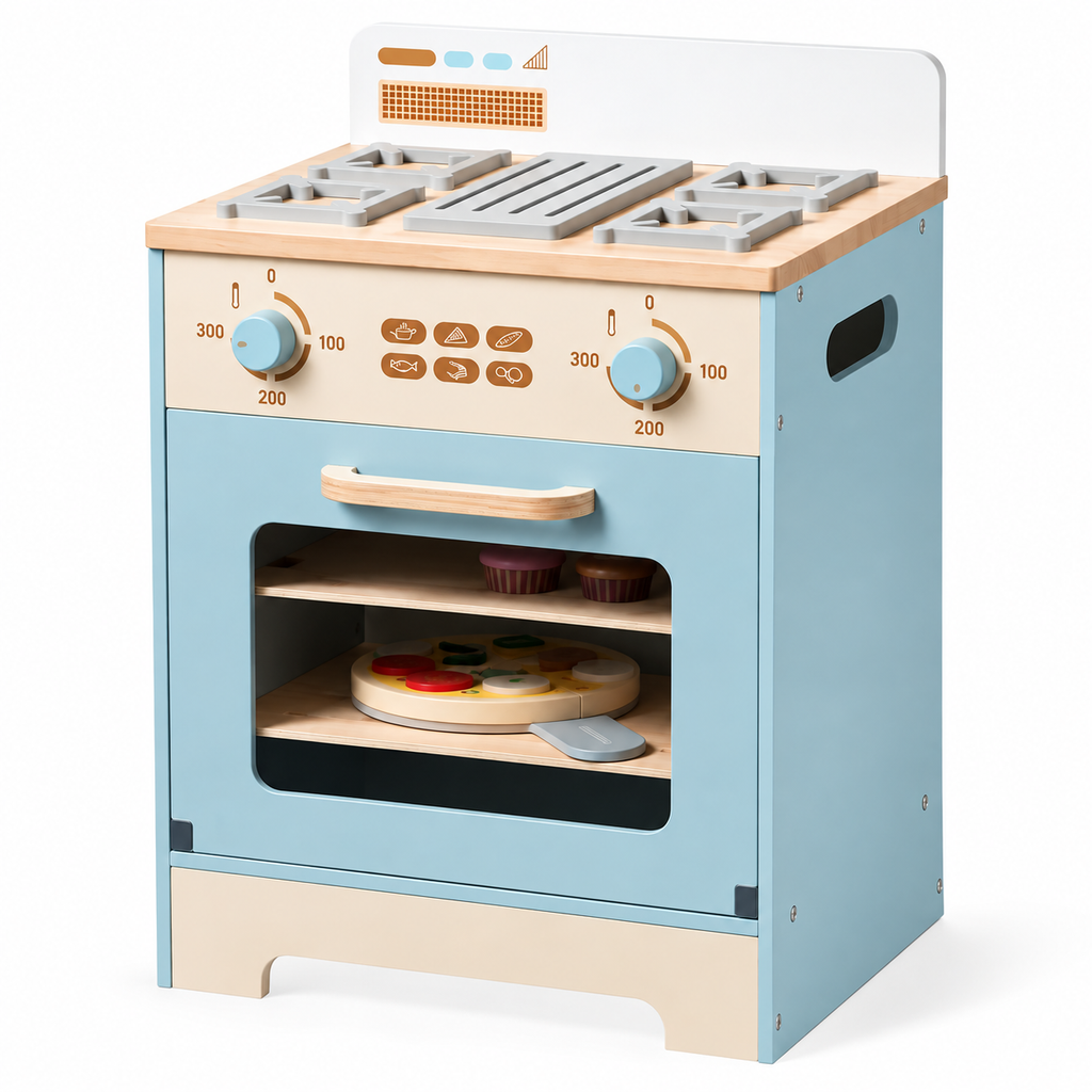 Four enfant en bois bleu avec plaques de cuisson, boutons rotatifs et accessoires de jeu sur fond blanc.