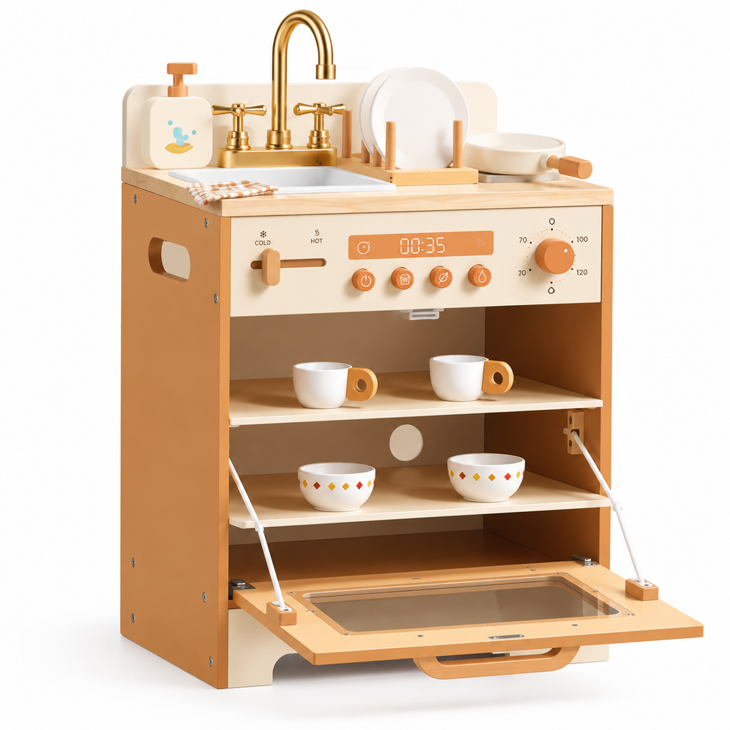 Lave-vaisselle enfant en bois caramel avec évier, vaisselle et accessoires de cuisine sur fond blanc.