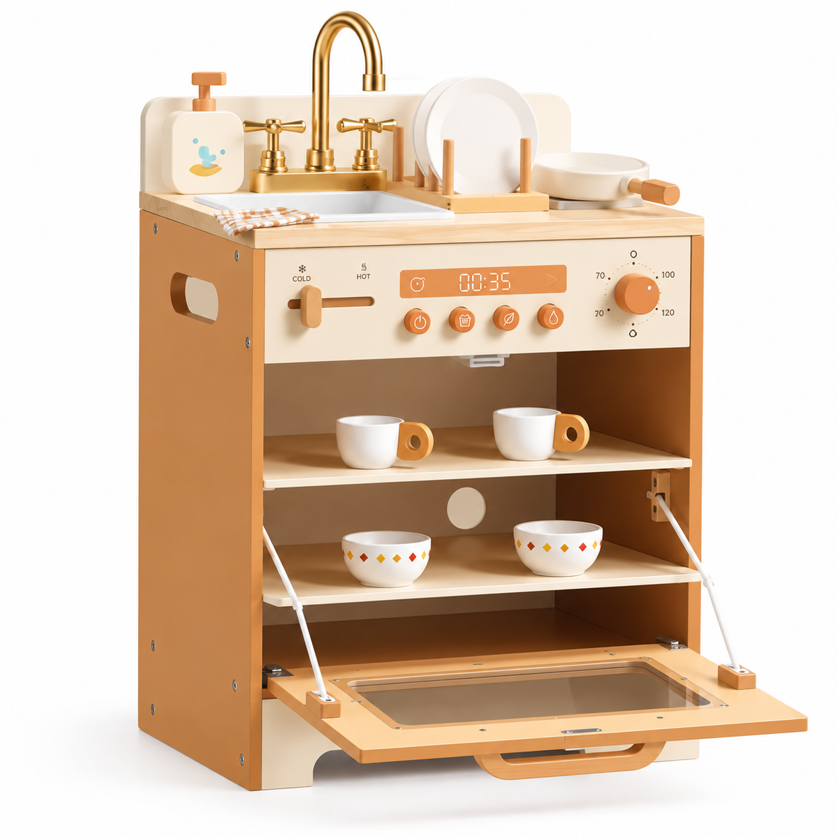 Lave-vaisselle enfant en bois caramel avec évier, vaisselle et accessoires de cuisine sur fond blanc.