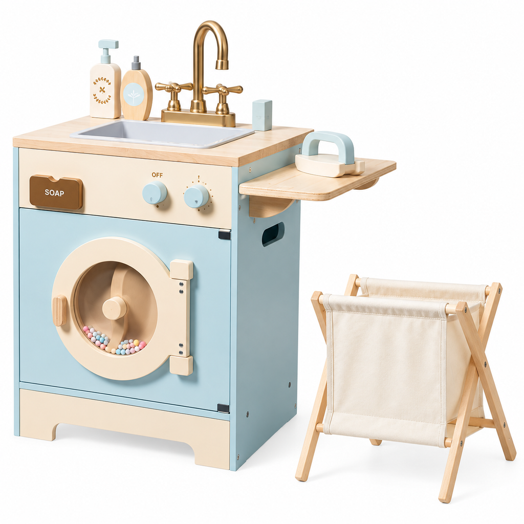 Machine à laver enfant en bois bleu avec évier, robinet, accessoires de jeu et panier à linge sur fond blanc.
