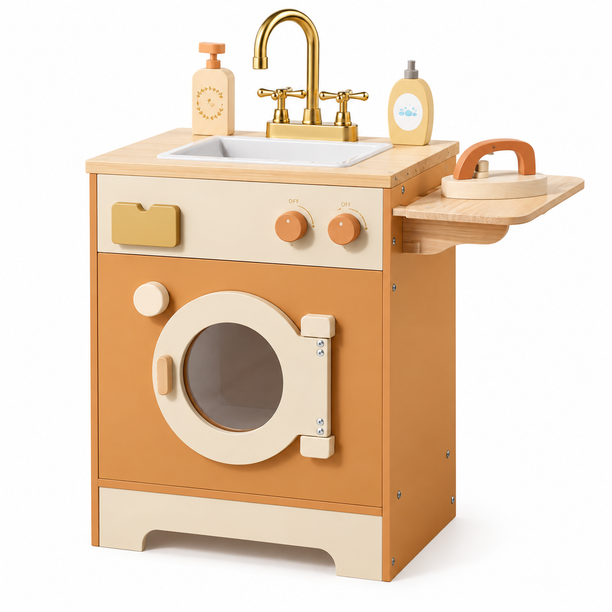 Machine à laver enfant en bois caramel avec évier, robinet et table à repasser sur fond blanc.