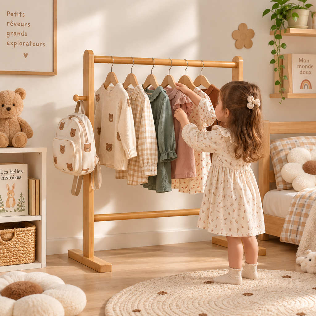 Enfant utilisant une penderie Montessori en bambou naturel 80 cm pour choisir et ranger ses vêtements