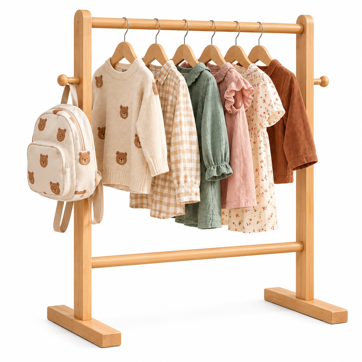 Penderie Montessori enfant en bambou avec vêtements sur cintres et sac à dos sur fond blanc.