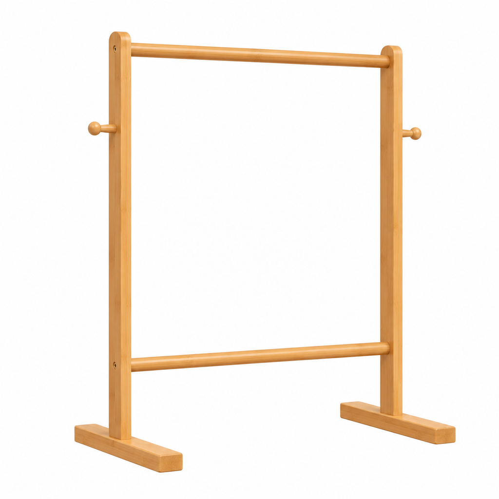 Penderie Montessori enfant en bambou naturel avec barre de suspension et patères latérales