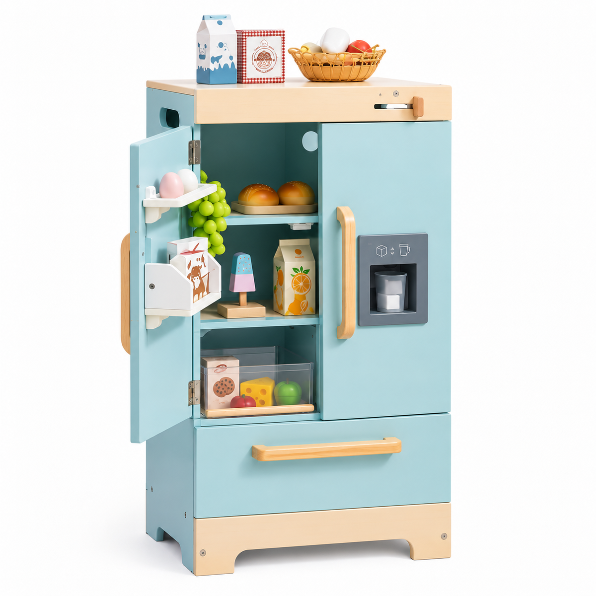 Réfrigérateur enfant en bois bleu avec portes, tiroir, distributeur et aliments factices sur fond blanc.